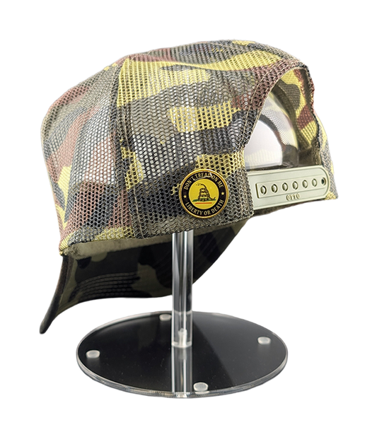 Don't Tread On Me Camo Trucker Patch Hat with Gadsden Pin