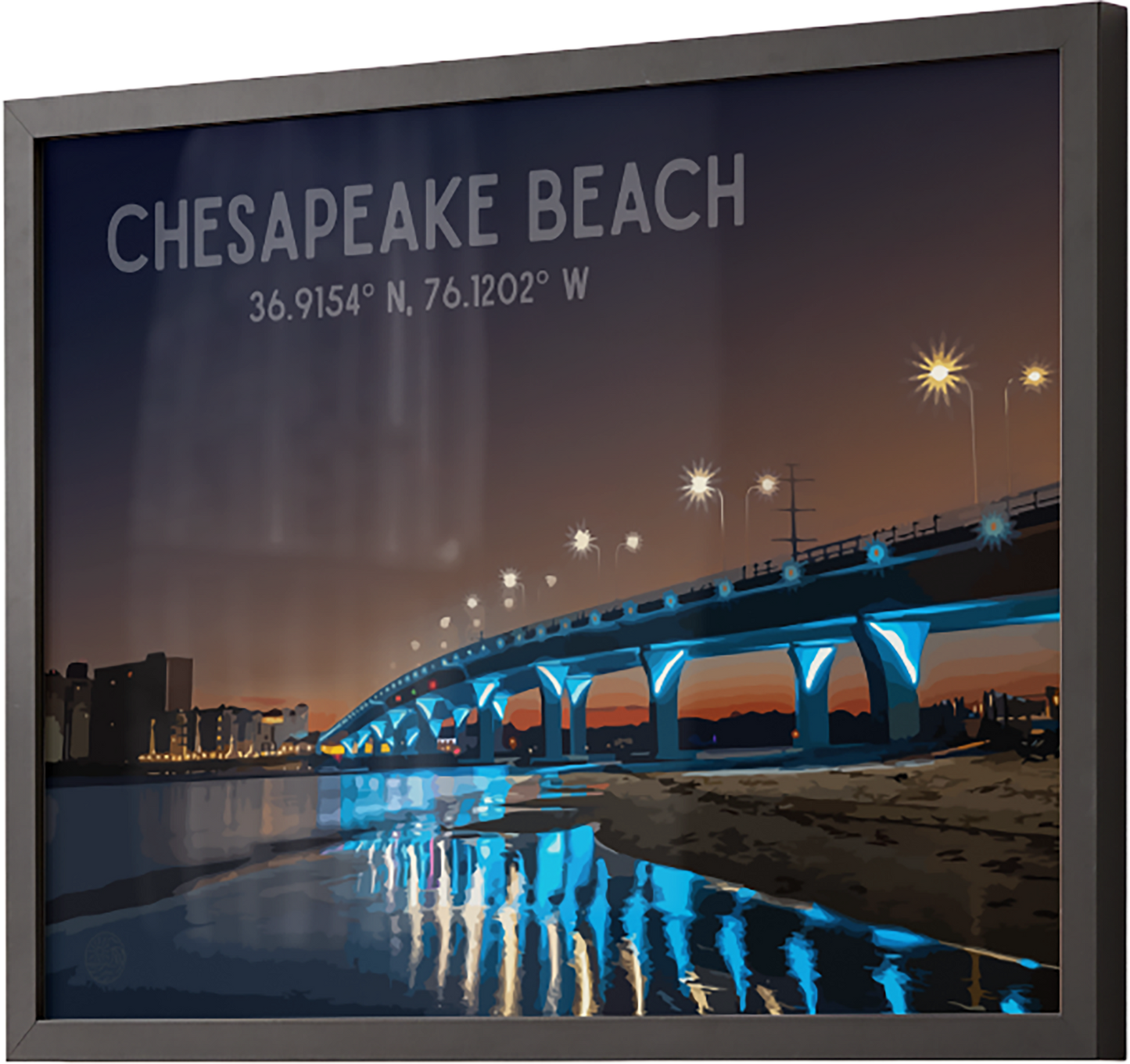 Framed artwork of a Chesapeake Beach night scene with a bridge and coordinates.