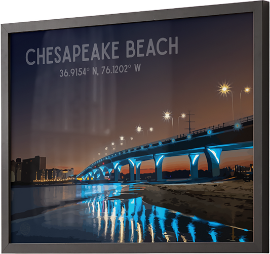 Framed artwork of a Chesapeake Beach night scene with a bridge and coordinates.