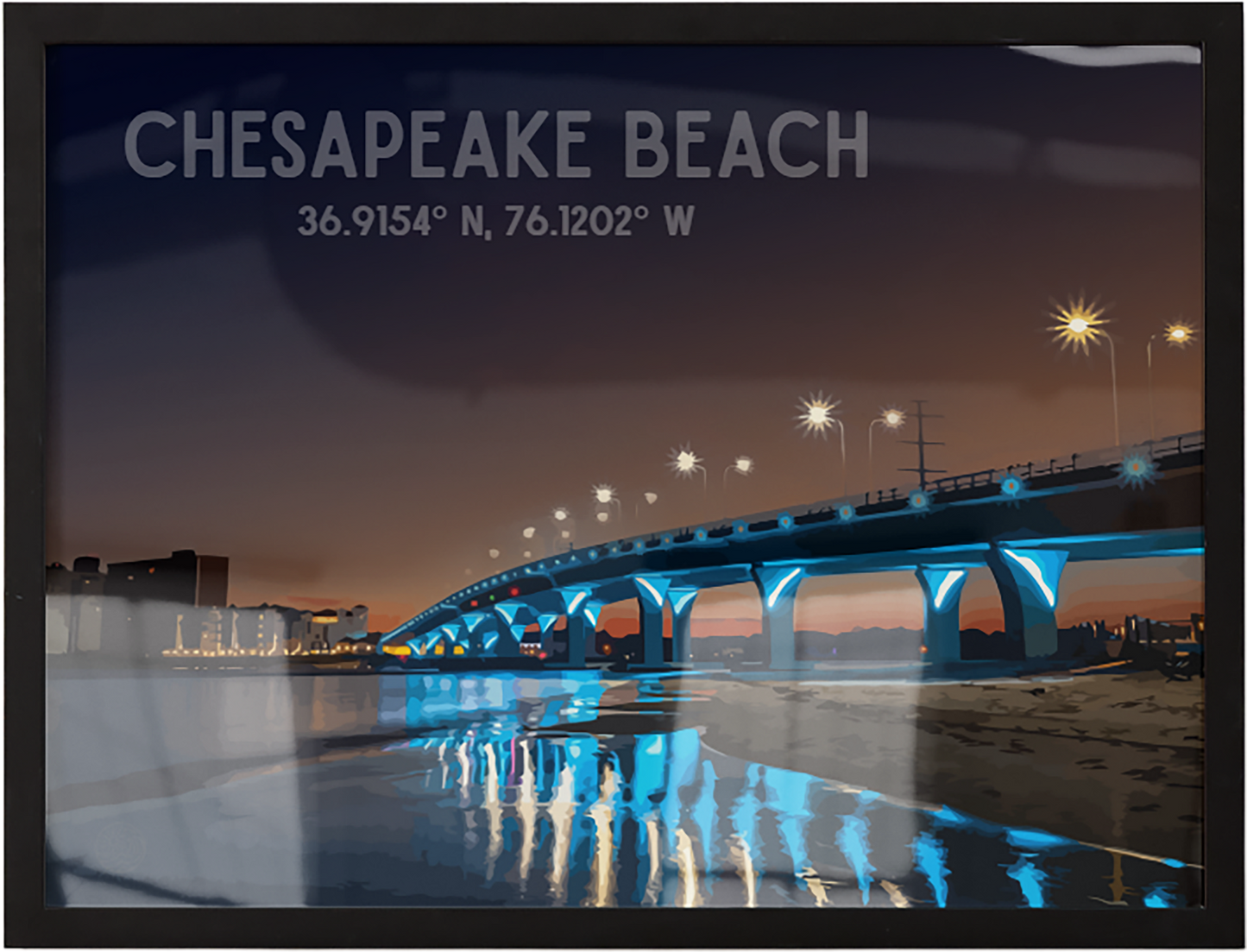 Framed artwork of a bridge over water with 'Chesapeake Beach' text and coordinates.