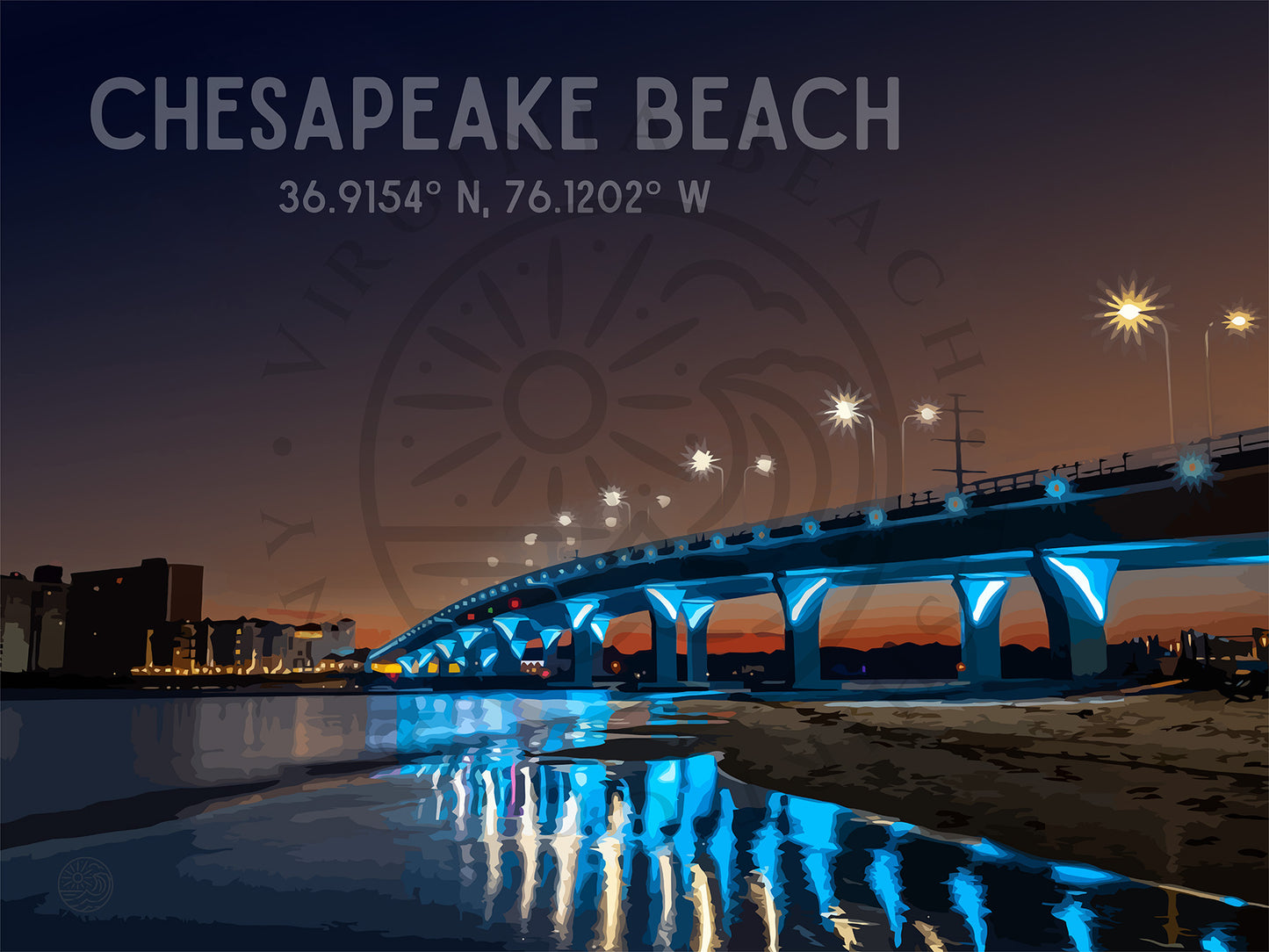 The Lesner Bridge over water at sunrise with Chesapeake Beach text and coordinates.