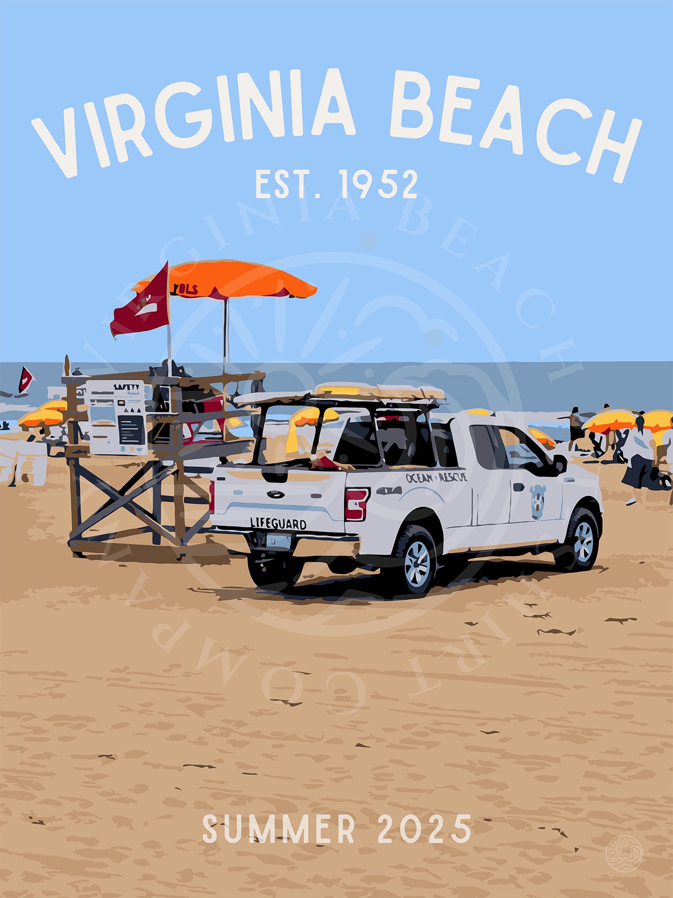 Virginia Beach lifeguard truck on the beach with 'Summer 2025' text.