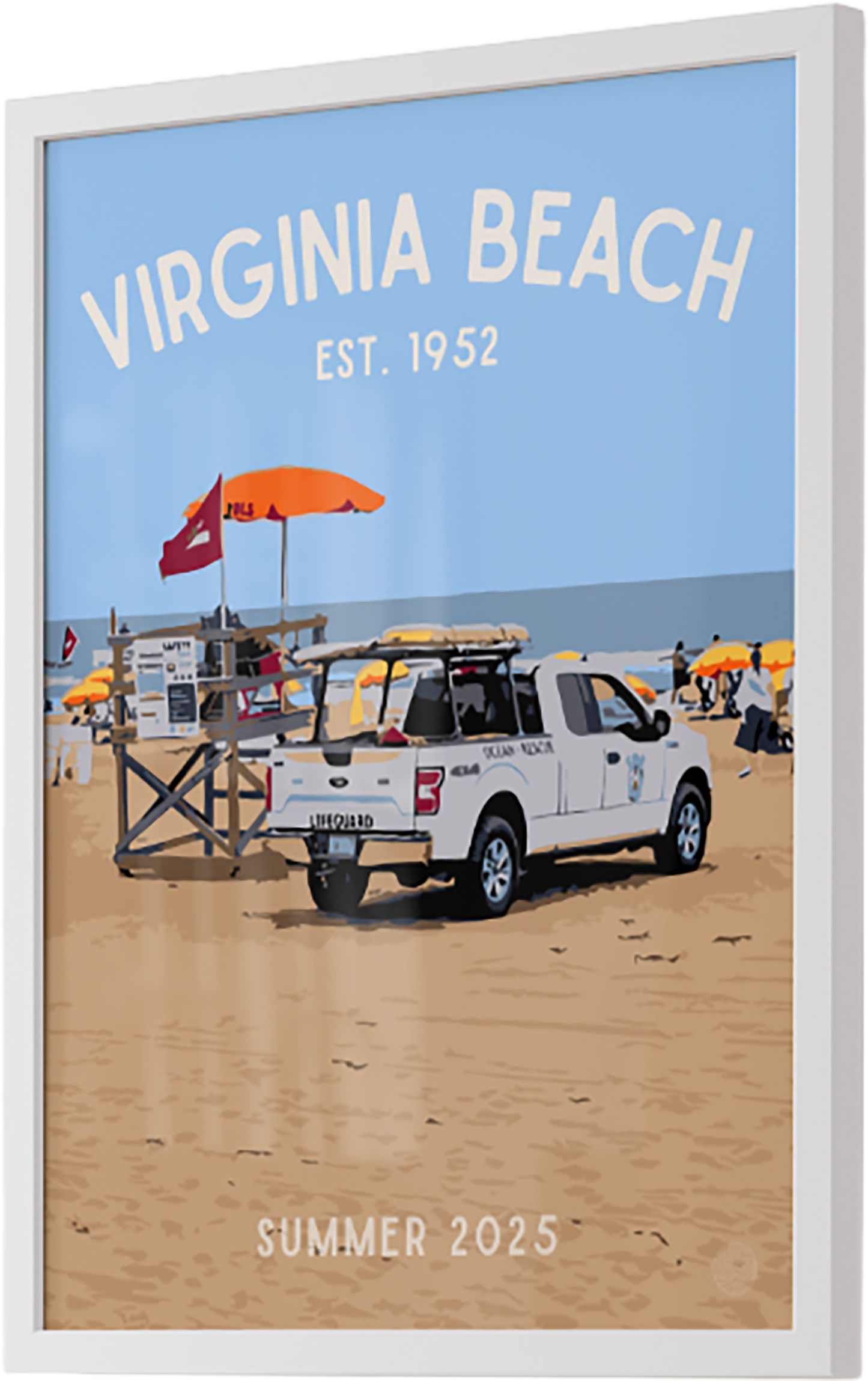Framed poster of Virginia Beach with a truck and lifeguard stand on a beach.