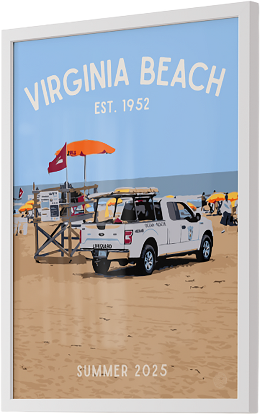 Framed poster of Virginia Beach with a truck and lifeguard stand on a beach.