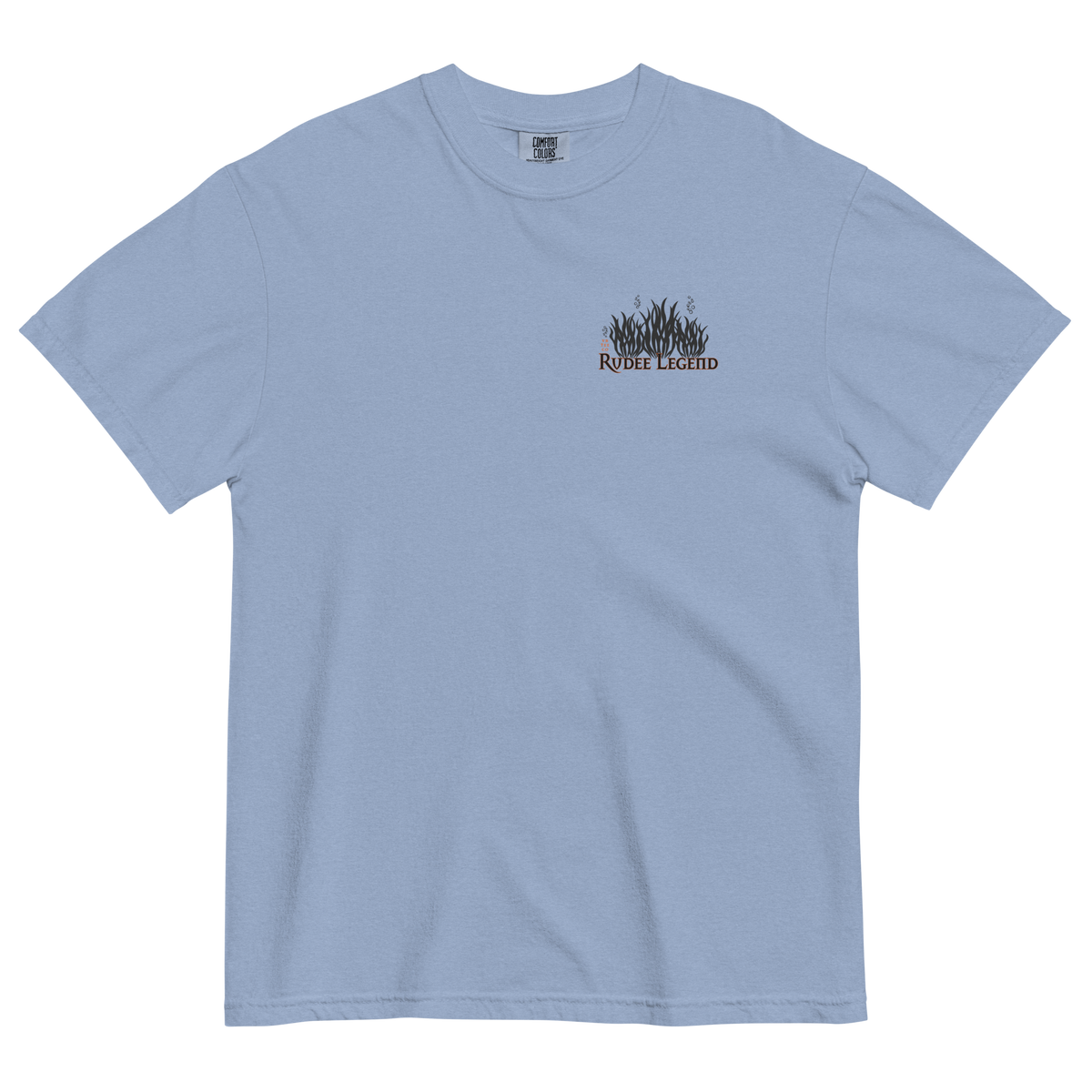 Light blue heavyweight Rudee Legend t-shirt featuring a small flame graphic on the left chest. Made from soft, breathable 100% ring-spun cotton.