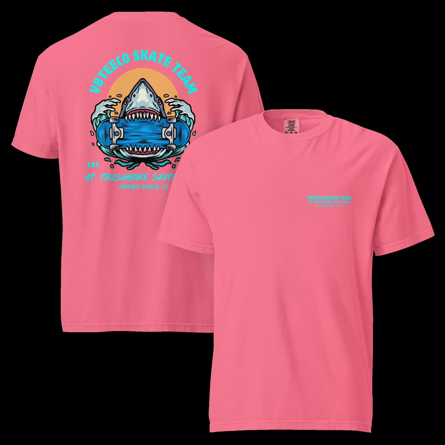 Pink T-Shirt with Shark Chomping Skateboard design