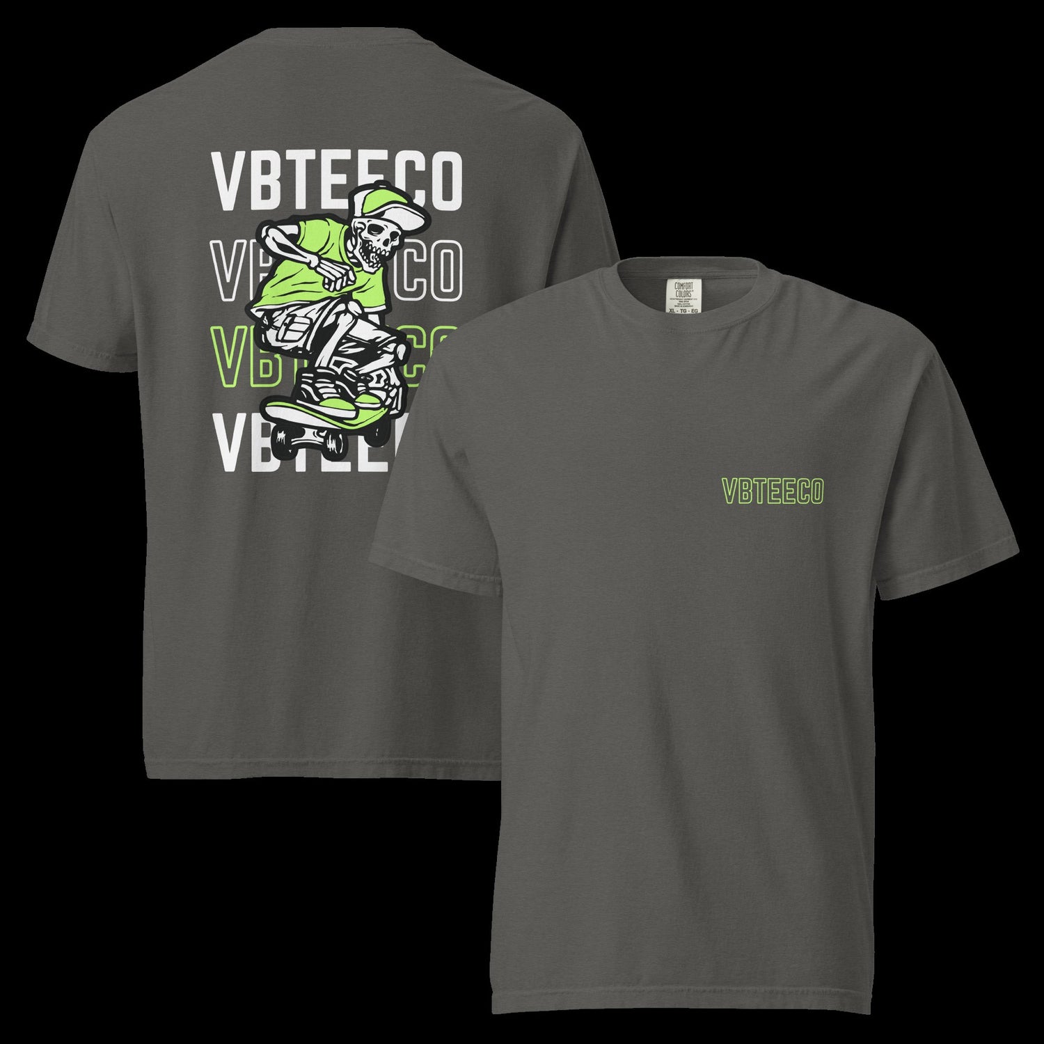 Hemp green T-Shirt with Skateboarding Skeleton over VBTeeCo Logo