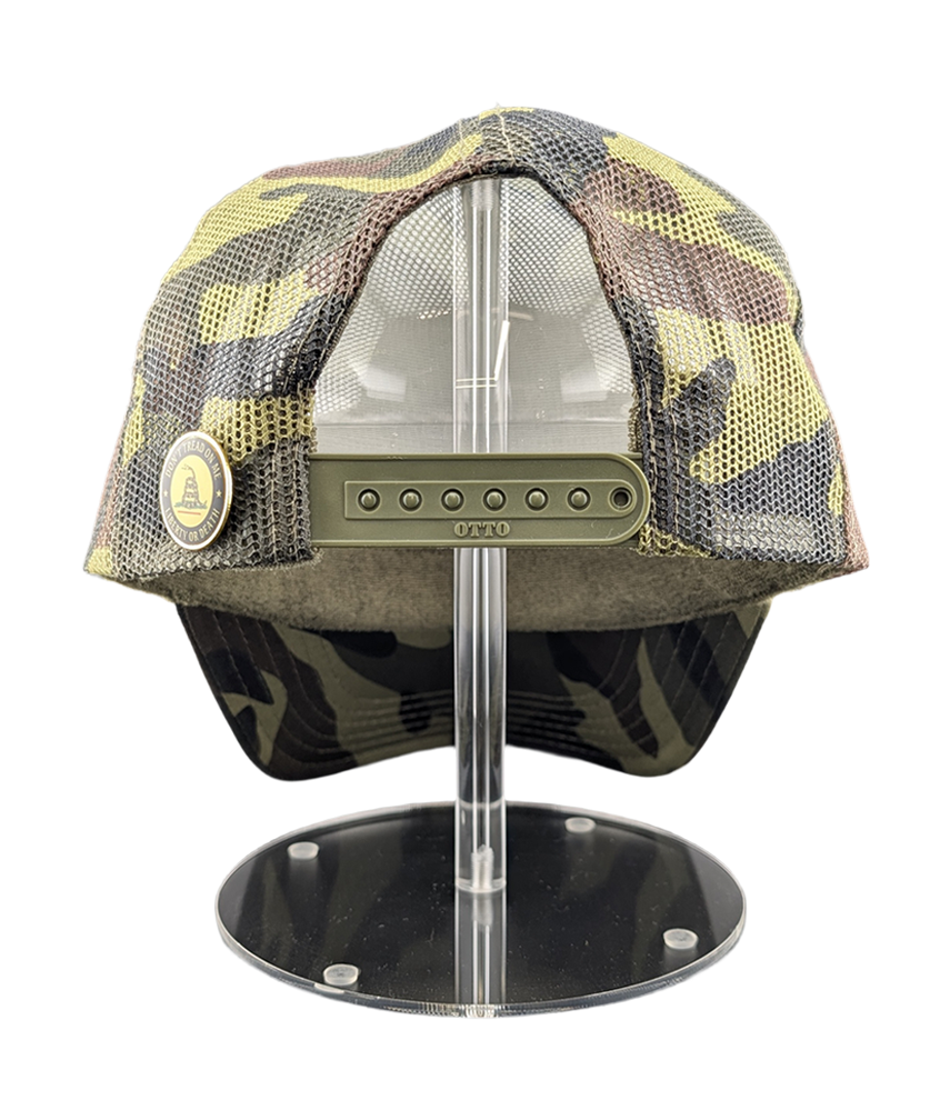 Don't Tread On Me Camo Trucker Patch Hat with Gadsden Pin