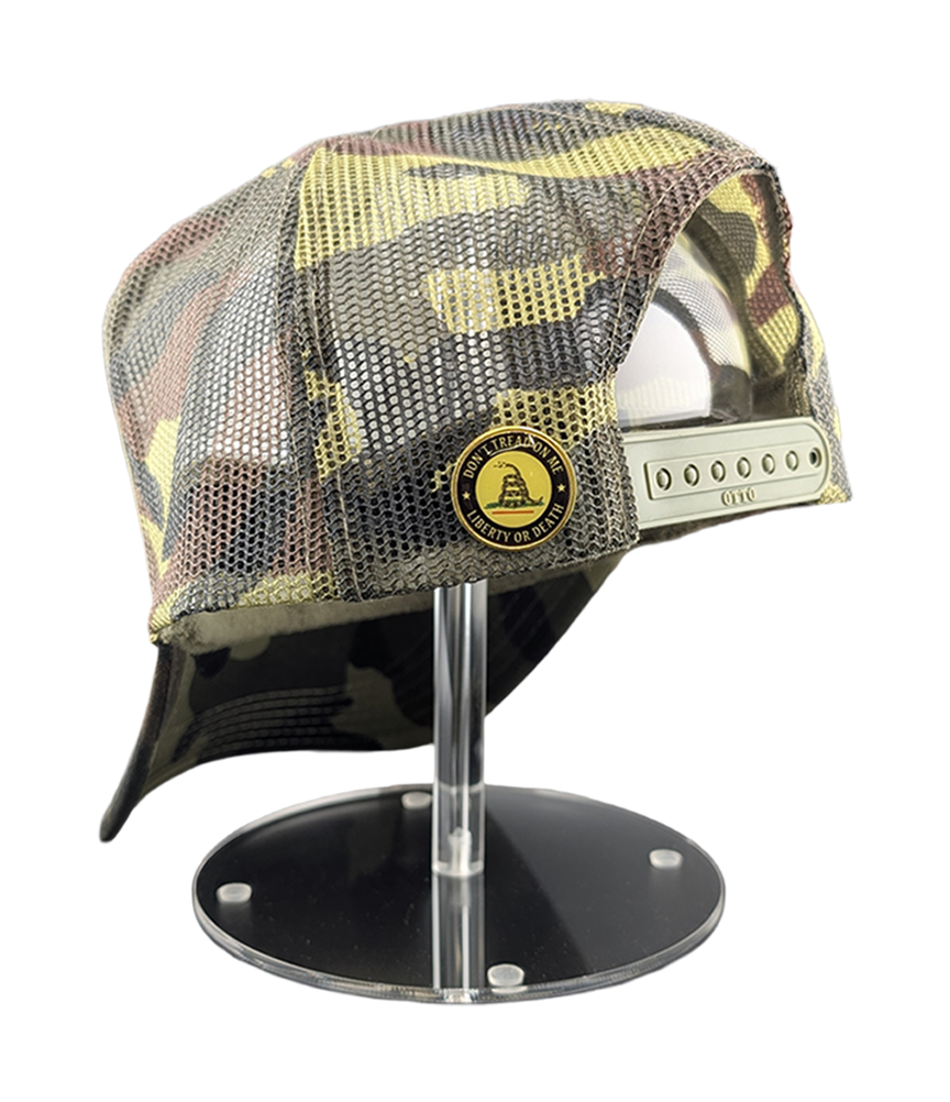 Don't Tread On Me Camo Trucker Patch Hat with Gadsden Pin