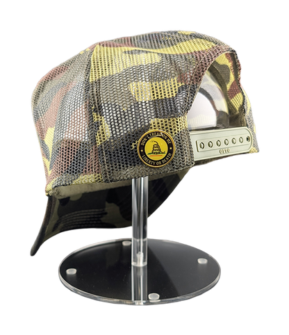 Don't Tread On Me Camo Trucker Patch Hat with Gadsden Pin