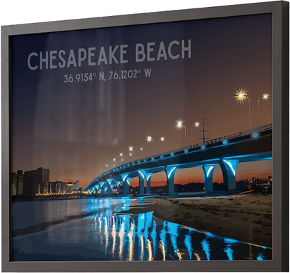 Framed artwork of a Chesapeake Beach night scene with a bridge and coordinates.