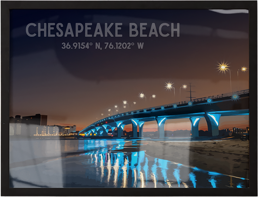 Framed artwork of a bridge over water with 'Chesapeake Beach' text and coordinates.