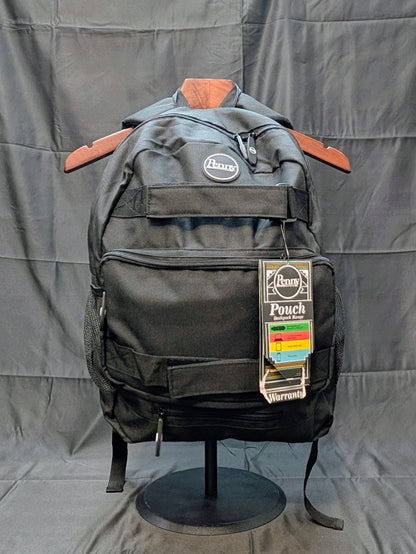 Black backpack on a mannequin with a brand tag against a gray background