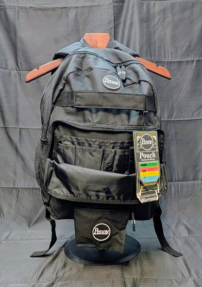 Black backpack on a mannequin with a gray background