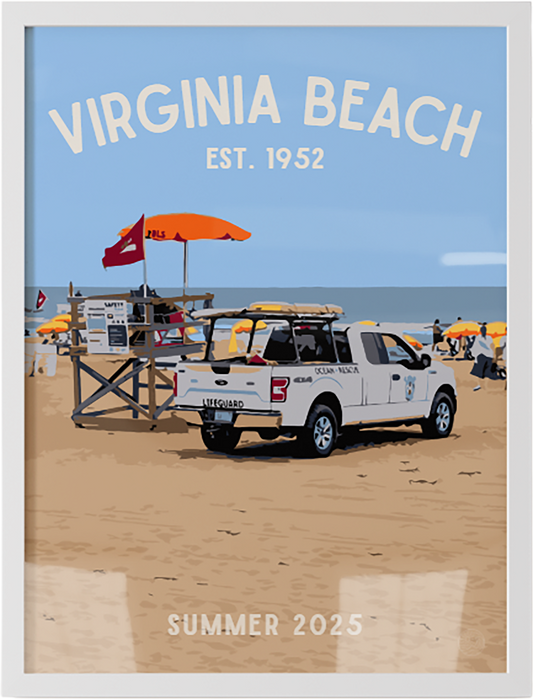 Beach scene with a lifeguard truck and 'Virginia Beach' text on a calendar cover.