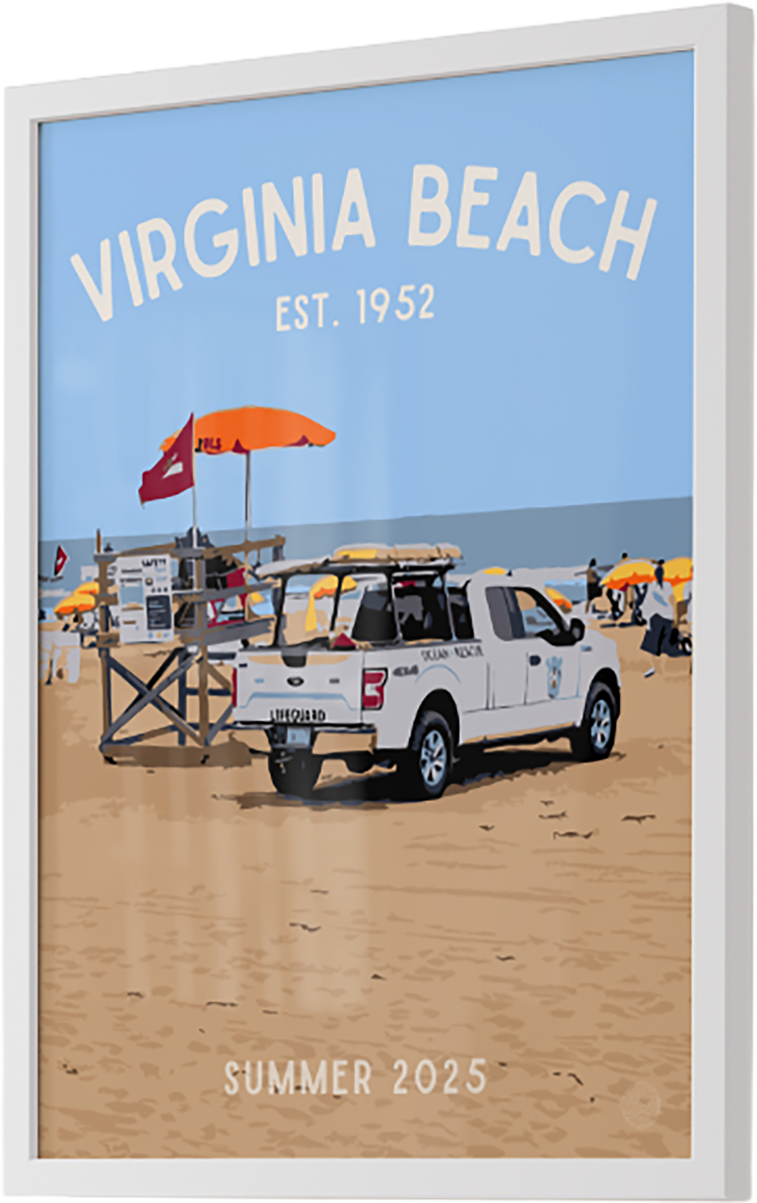 Framed poster of Virginia Beach with a truck and lifeguard stand on a beach.