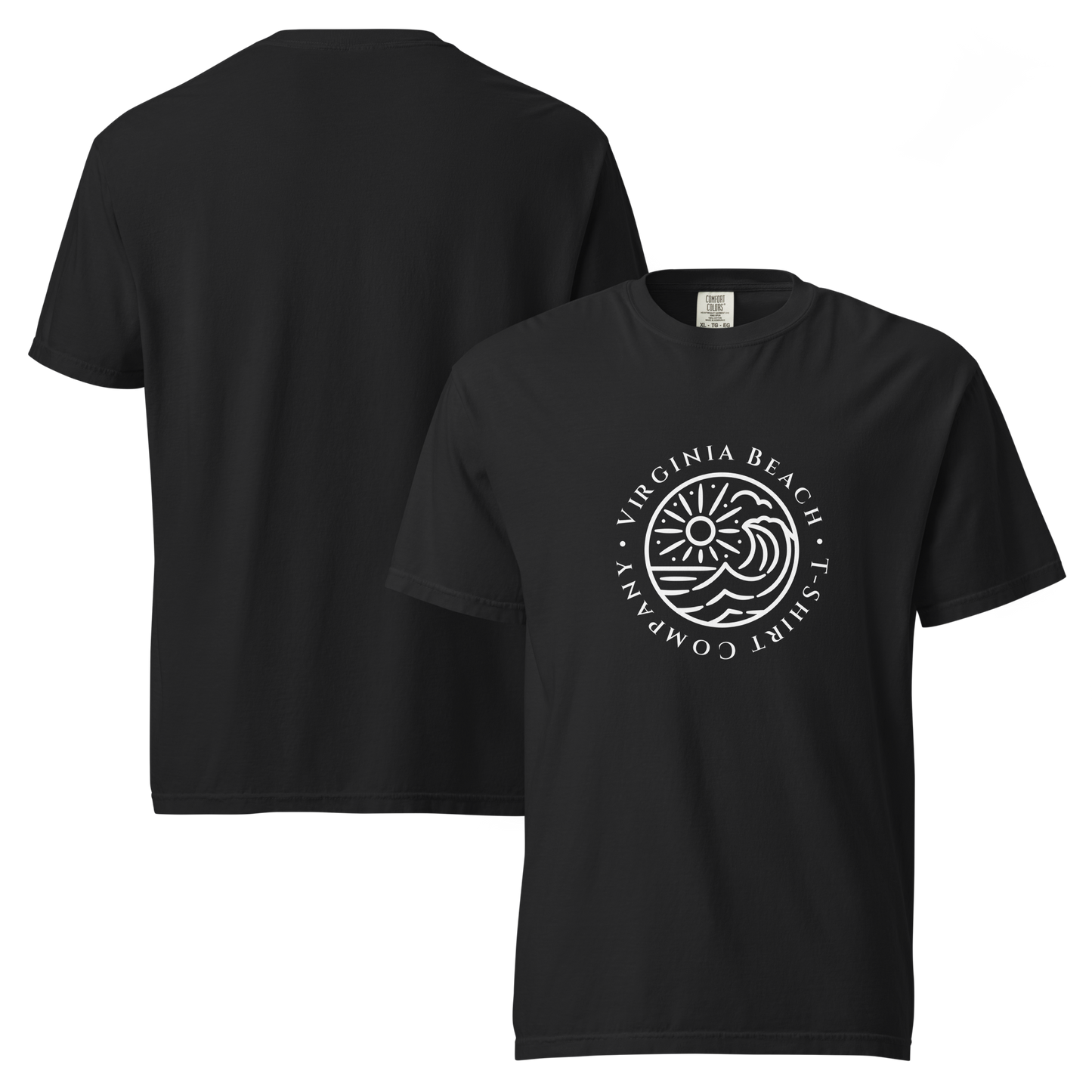 Product mockup - VBTeeCo - Logo T-Shirt - Black comfort colors tee with white VBTeeCo logo design