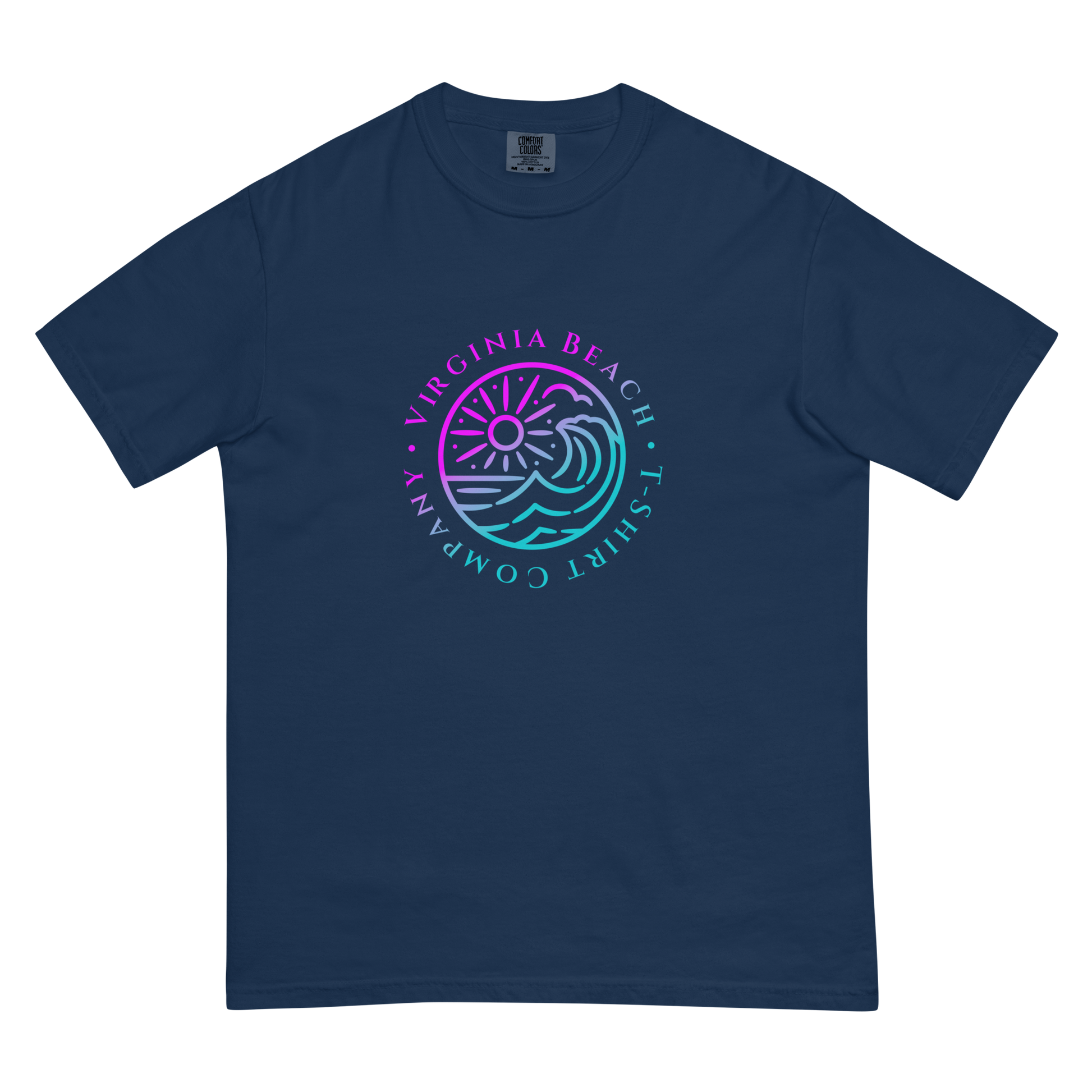 VBTeeCo - Logo T-Shirt - Navy comfort colors tee with pink to blue gradient VBTeeCo logo design