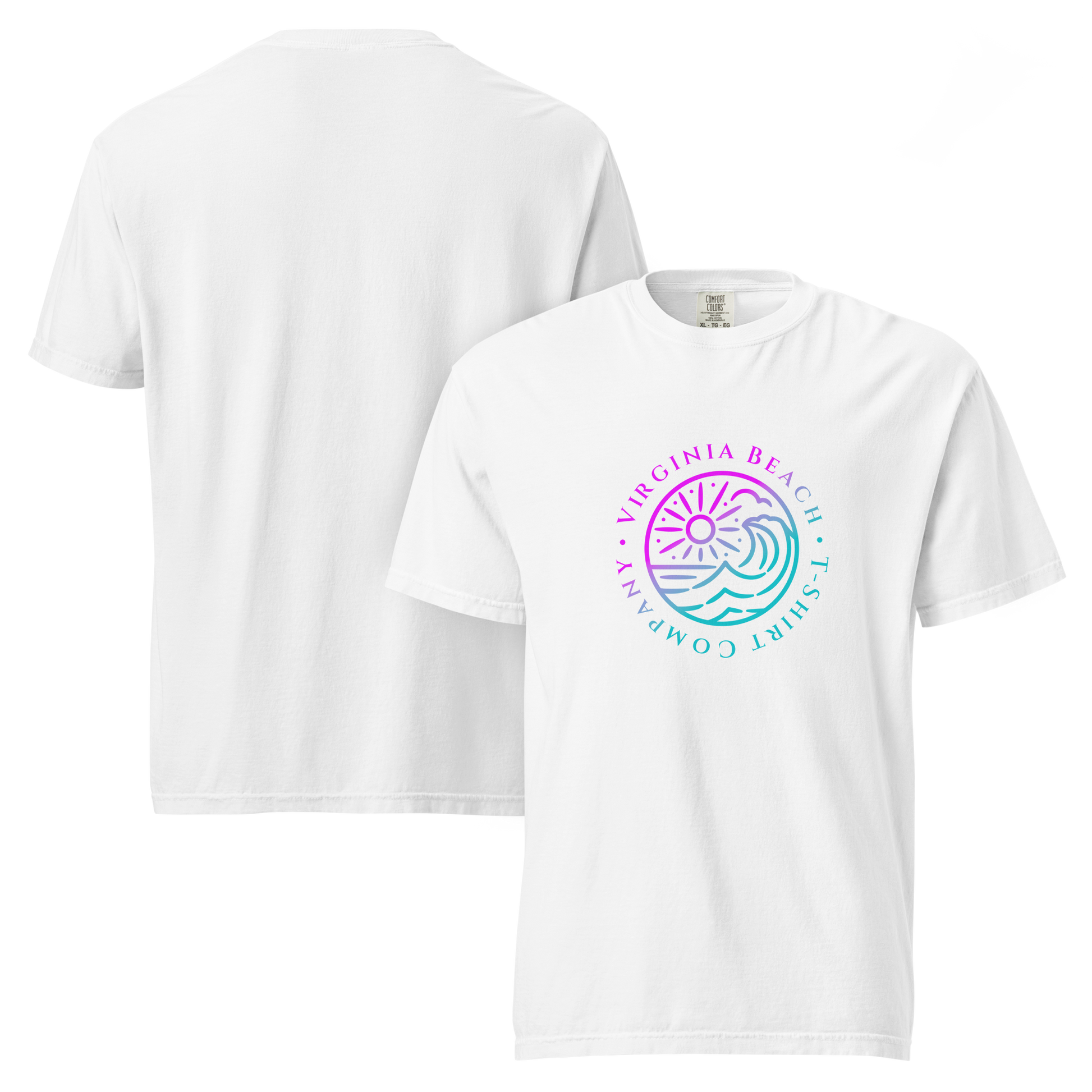 Product mockup - VBTeeCo - Logo T-Shirt - White comfort colors tee with Pink/Blue VBTeeCo logo design