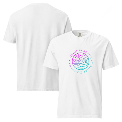 Product mockup - VBTeeCo - Logo T-Shirt - White comfort colors tee with Pink/Blue VBTeeCo logo design