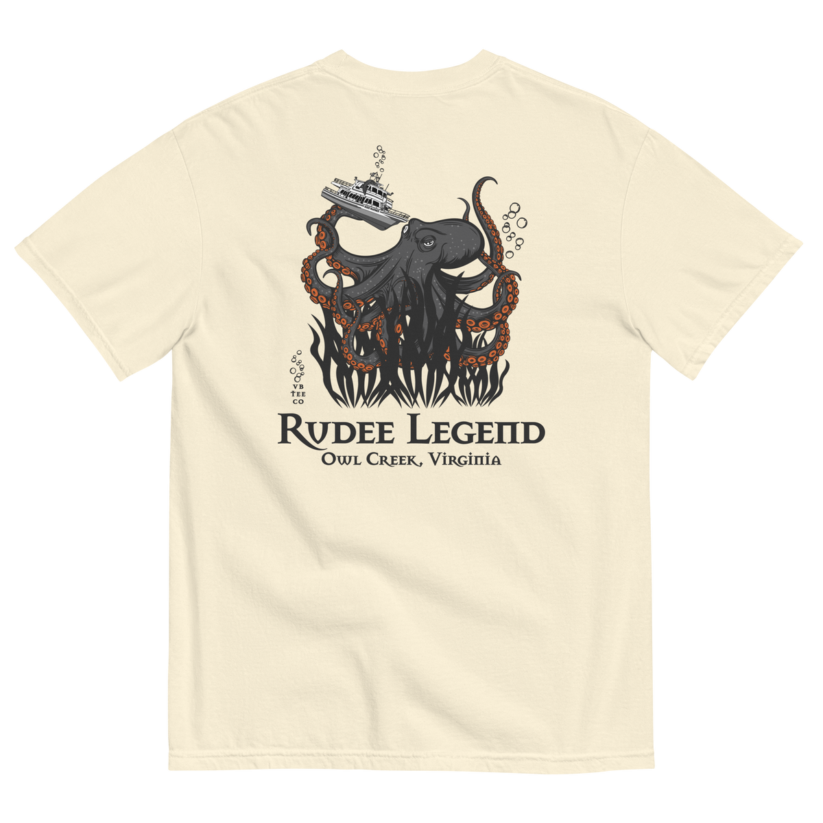 Rudee Legend heavyweight t-shirt featuring a giant octopus lifting a boat, with Owl Creek Virginia text on the back.