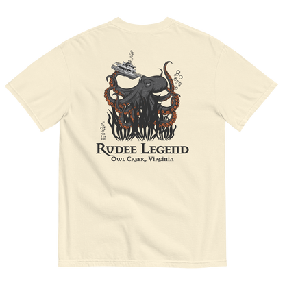 Rudee Legend heavyweight t-shirt featuring a giant octopus lifting a boat, with Owl Creek Virginia text on the back.