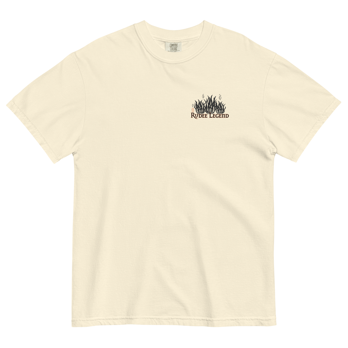 Beige heavyweight ring-spun cotton Rudee Legend T-shirt featuring a火焰-style chest graphic and soft breathable unisex fit.