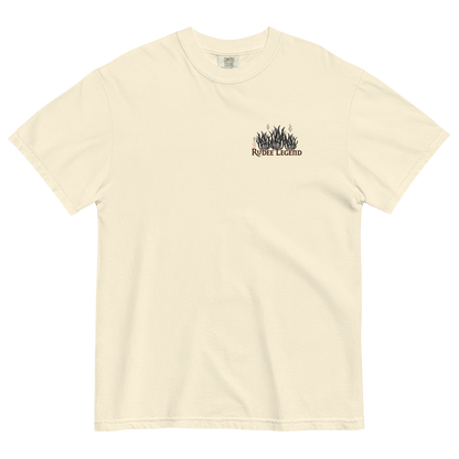 Beige heavyweight ring-spun cotton Rudee Legend T-shirt featuring a火焰-style chest graphic and soft breathable unisex fit.