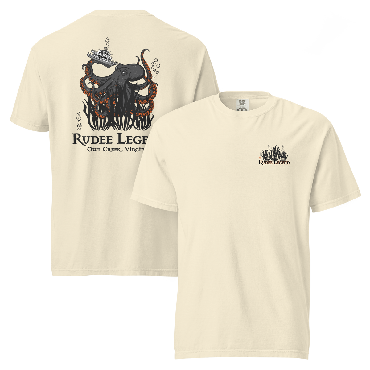 Cream Rudee Legend heavyweight t-shirt featuring a large octopus and boat graphic on the back, with a small chest logo. Made from soft ring-spun cotton.