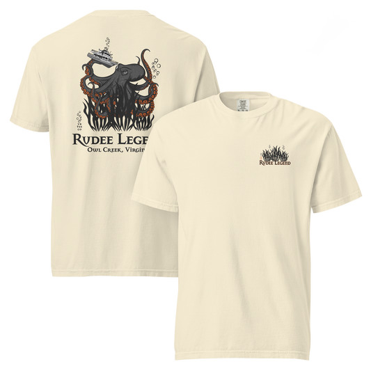 Cream Rudee Legend heavyweight t-shirt featuring a large octopus and boat graphic on the back, with a small chest logo. Made from soft ring-spun cotton.