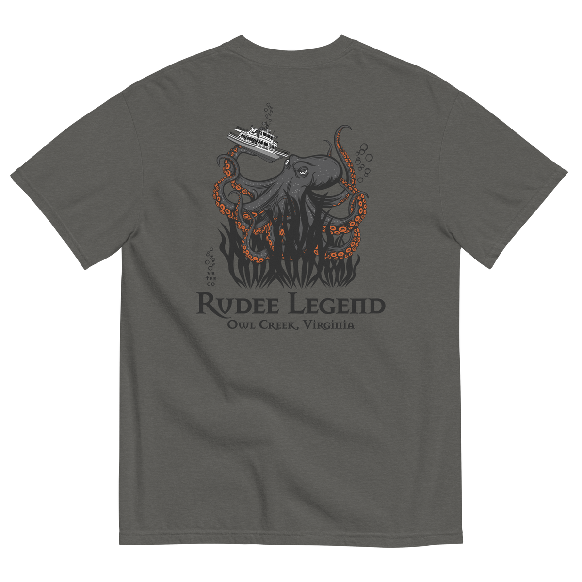 Back of grey Rudee Legend t-shirt featuring giant octopus graphic lifting boat, Owl Creek Virginia text, 100% ring-spun cotton.