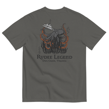 Back of grey Rudee Legend t-shirt featuring giant octopus graphic lifting boat, Owl Creek Virginia text, 100% ring-spun cotton.