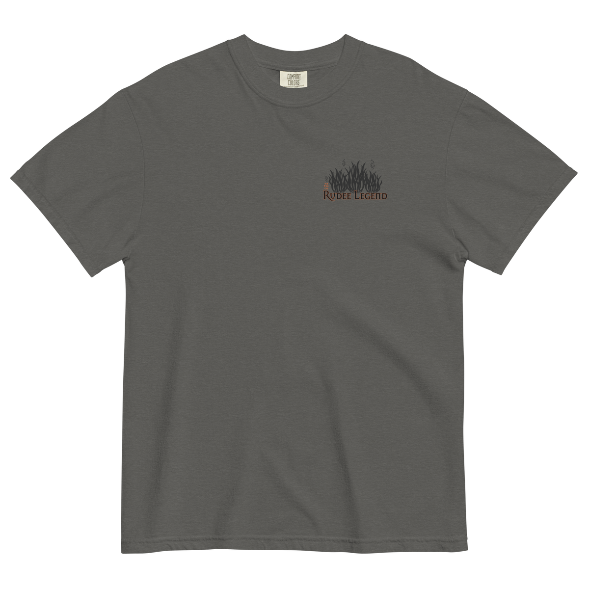 Charcoal grey Rudee Legend heavyweight t-shirt featuring a small chest grass graphic. Unisex, soft ring-spun cotton tee.