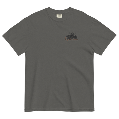 Charcoal grey Rudee Legend heavyweight t-shirt featuring a small chest grass graphic. Unisex, soft ring-spun cotton tee.