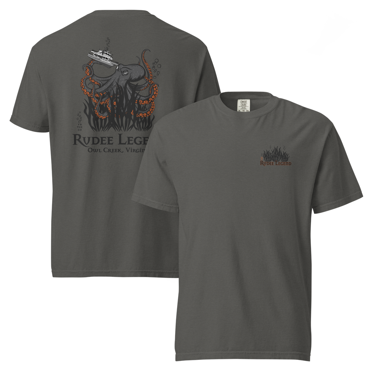 Grey Rudee Legend heavyweight t-shirt featuring a large octopus and boat graphic on the back and a small chest logo.