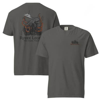 Grey Rudee Legend heavyweight t-shirt featuring a large octopus and boat graphic on the back and a small chest logo.