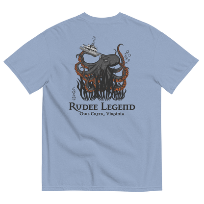 Back of light blue heavyweight cotton t-shirt featuring giant octopus holding boat with "Rudee Legend Owl Creek, Virginia" text.