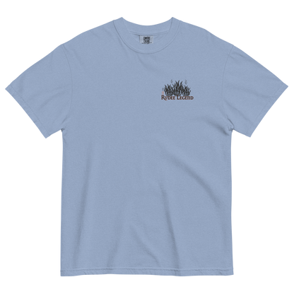 Light blue heavyweight Rudee Legend t-shirt featuring a small flame graphic on the left chest. Made from soft, breathable 100% ring-spun cotton.