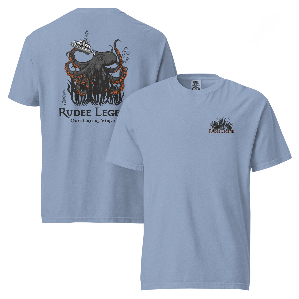 Light blue Rudee Legend heavyweight t-shirt featuring a giant octopus lifting a boat on the back and a small chest logo.