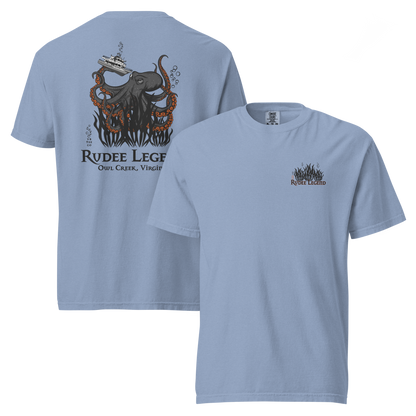 Light blue Rudee Legend heavyweight t-shirt featuring a giant octopus lifting a boat on the back and a small chest logo.